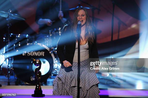 Judith Holofernes of 'Wir sind Helden' performs during the offical FIFA 2011 Women 's World Cup final draw on November 29, 2010 in Frankfurt am Main,...