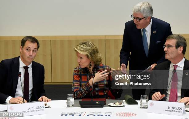 Koningin Mathilde zit een ronde tafel voor met vertegenwoordigers van bedrijven die zich inzetten voor duurzame ontwikkeling. De Koningin is...