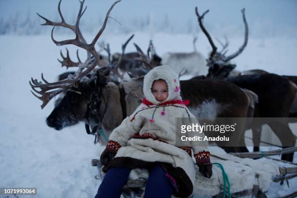 Nenet child is seen in the Obdorskiy Ostrog , center Salekhard town of Yamalo-Nenets autonomous district, Russia on December 11, 2018.