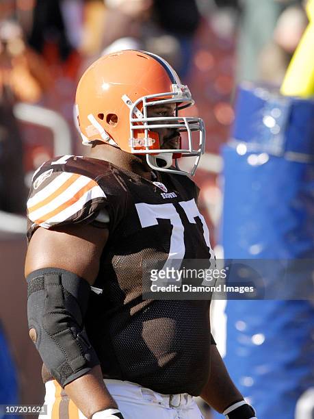 Offensive lineman Floyd Womack of the Cleveland Browns looks towards the sideline during a game with the Carolina Panthers on November 28, 2010 at...