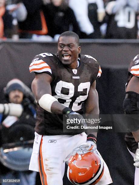 Tight end Benjamin Watson of the Cleveland Browns celebrates an interception by Joe Haden during a game with the Carolina Panthers on November 28,...