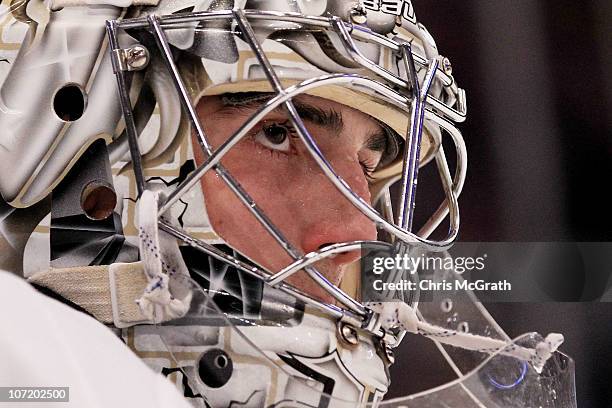 Marc -Andre Fleury of the Pittsburgh Penguins waits for play to resume against the New York Rangers during their game on November 29, 2010 at Madison...