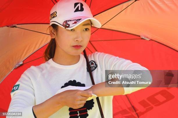 Rei Matsuda of Japan looks on during the final round of the LPGA Tour Championship Ricoh Cup at Miyazaki Country Club on November 25, 2018 in...