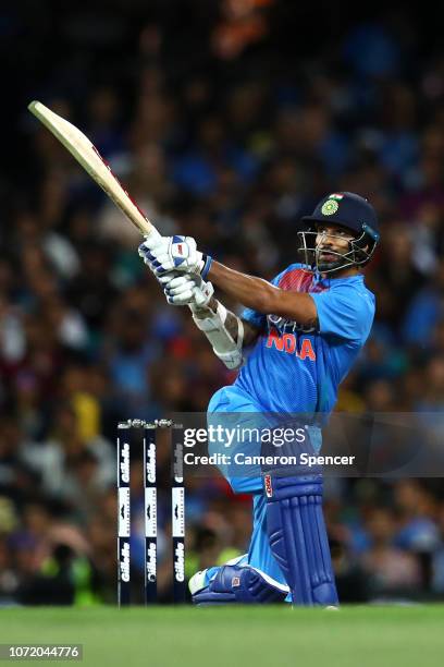 Shikhar Dhawan of India bats during the International Twenty20 match between Australia and India at Sydney Cricket Ground on November 25, 2018 in...