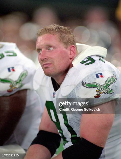 Defensive lineman Andy Harmon of the Philadelphia Eagles looks on from the sideline during a preseason game against the Pittsburgh Steelers at Three...