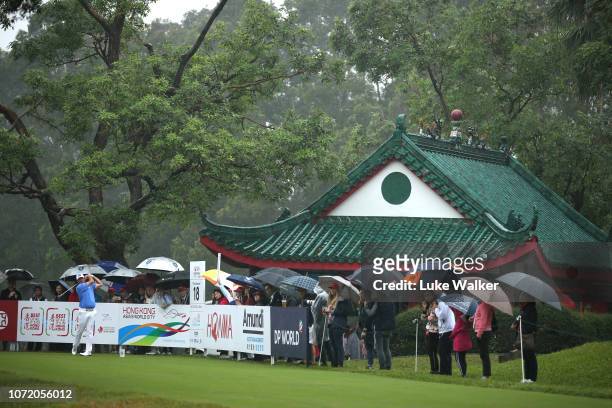 Scott Hend of Australia plays his tee shot on the 18th hole during day four of the Honma Hong Kong Open at The Hong Kong Golf Club on November 25,...