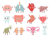 Healthy biological organ. Smiling lung, happy heart and funny brain. Smile organs cartoon isolated character vector set