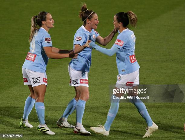 Elise Kellond-Knight of Melbourne City celebrates after scoring a goal during the round four W-League match between the Perth Glory and Melbourne...