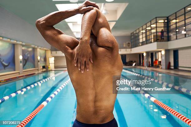 male swimmer stretching by pool indoors - bar överkropp bildbanksfoton och bilder