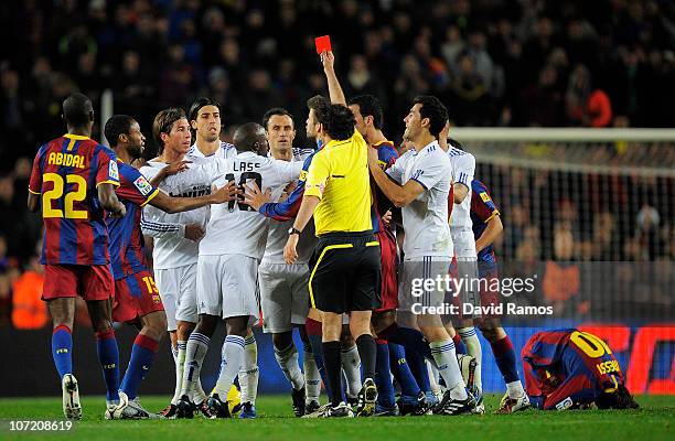 Sergio Ramos is shown the red card by referee Iturralde Gonzalez during the La Liga match between Barcelona and Real Madrid at the Camp Nou Stadium...