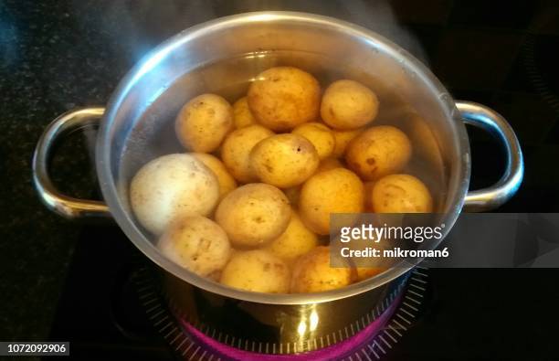 potatoes boiling in pan - nieuwe aardappel stockfoto's en -beelden