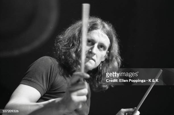 Drummer Klaus Dinger of Kraftwerk performs live on stage in Germany in 1971. Dinger went on to form the band Neu!.