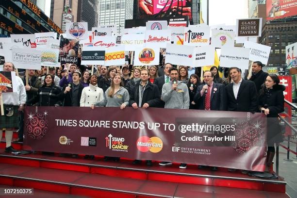 Denis O'Hare, Montego Glover, Chad Kimball, and Ethan Zohn attend the Stand Up to Cancer Times Square News Year's Eve initiative launch at Duffy...