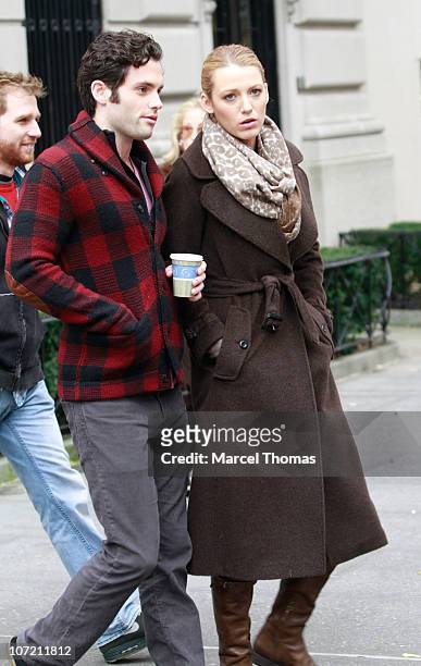 Actor Penn Badgley and actress Blake Lively are seen on the set of the TV show "Gossip Girl" on location on the streets of Manhattan on November 30,...
