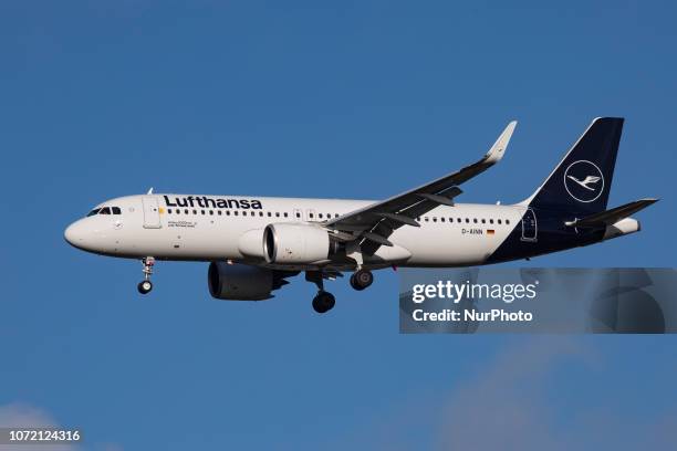 Lufthansa Airbus A320neo with the new livery landing at Heathrow International Airport in London. The aircraft is the newest generation of the...
