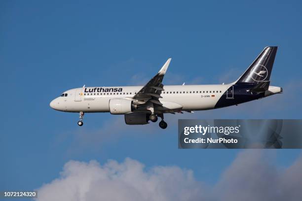 Lufthansa Airbus A320neo with the new livery landing at Heathrow International Airport in London. The aircraft is the newest generation of the...