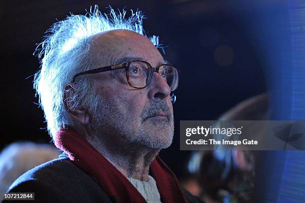 Director Jean-Luc Godard looks on before receiving the Swiss Federal Design Award Grand Prix held at X-Tra on November 30, 2010 in Zurich,...