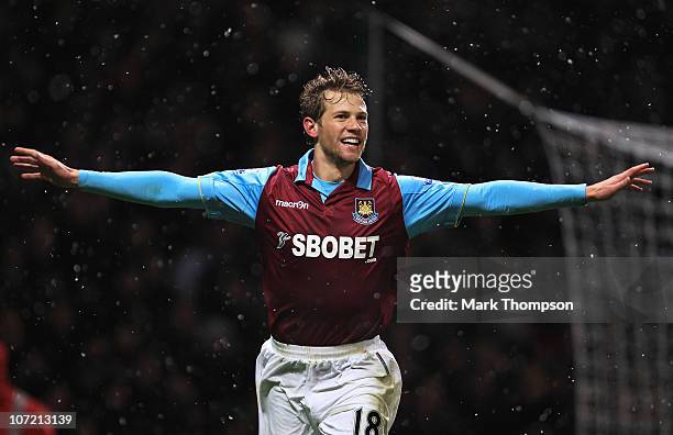 Jonathan Spector of West Ham United celebrates his second goal during the Carling Cup Quarter Final match between West Ham United and Manchester...