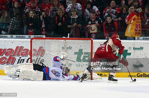 Patrick Ehelechner , goaltender of Nuernberg saves the penalty of Thomas Dolak of Hannover during the DEL match between Hannover Scorpions and Thomas...