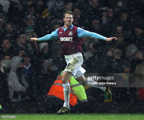 Jonathan Spector of West Ham United celebrates scoring their first goal during the Carling Cup quarter-final match between West Ham United and...