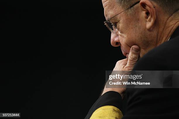 Chairman, Joint Chiefs of Staff Adm. Mike Mullen listens to questions during a briefing at the Pentagon on the military's "Don't Ask, Don't Tell"...