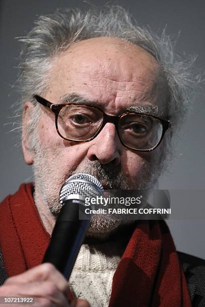 Swiss French New Wave director Jean-Luc Godard delivers a speech after he received the "Grand Prix Design" during the Swiss Federal Design Awards...