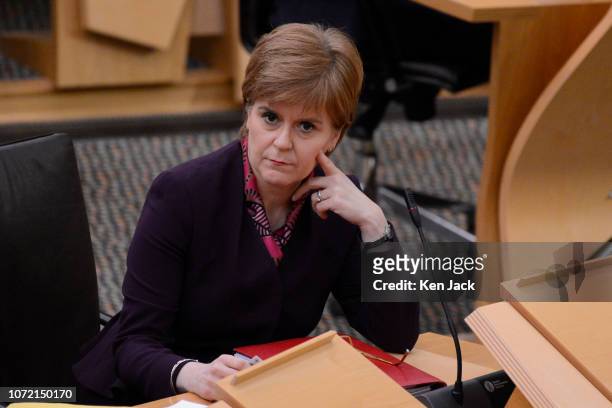 Scotland's First Minister Nicola Sturgeon in the Scottish Parliament on the day UK Prime Minister Theresa May faces a vote of no confidence by the UK...