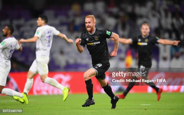 Aaron Clapham of Team Wellington celebrates after scoring his team's second goal during the FIFA Club World Cup first round play-off match between Al...