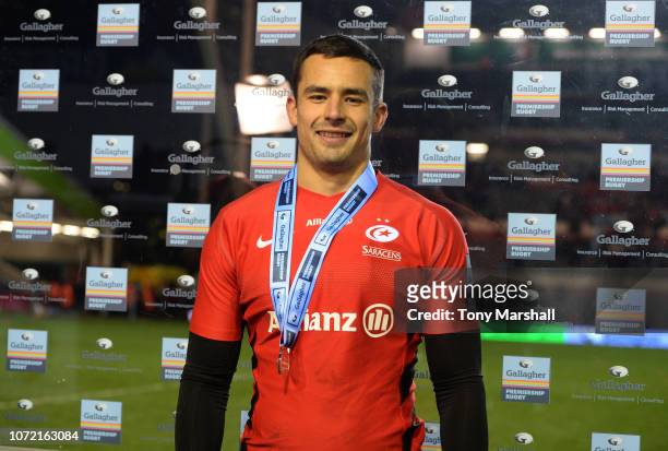 Man of the Match Alex Lozowski of Saracens poses with his medal during the Gallagher Premiership Rugby match between Leicester Tigers and Saracens at...