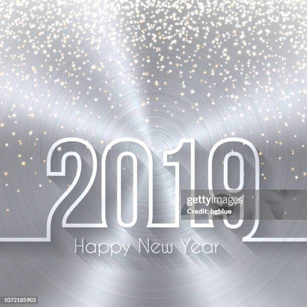 happy new year 2019 - circular brushed metal texture (silver, aluminum) - silver sequins stock illustrations