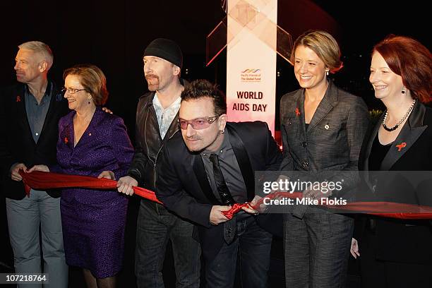 Adam Clayton, Chair of Pacific Friends of the Global Fund Wendy McCarthy, The Edge, U2s Bono, New South Wales Premier Kristina Keneally and Prime...