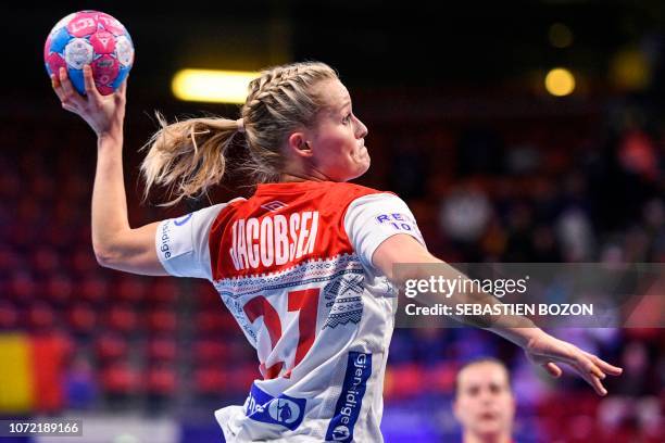 Norway's right wing Marit Rosberg Jacobsen shoots during the Euro 2018 European Women's Handball Championship Group 2 main round match between Spain...