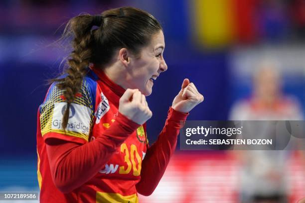 Spain's left wing Soledad Lopez Jimenez reacts during the Euro 2018 European Women's Handball Championship Group 2 main round match between Spain and...