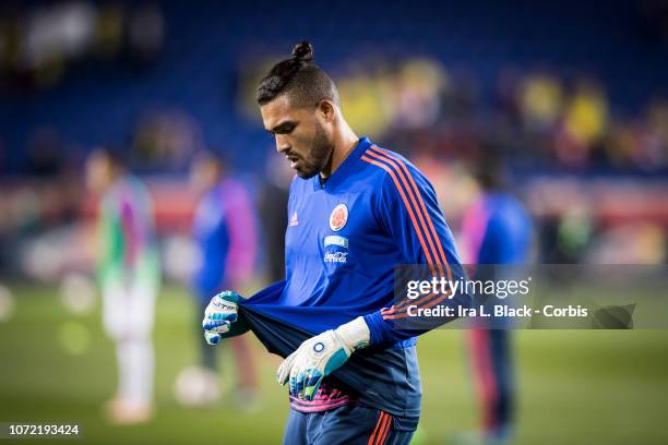 Goalkeeper Álvaro David Montero of Colombia warms up at the start of the International Friendly match between Columbia and Costa Rica at Red Bull...