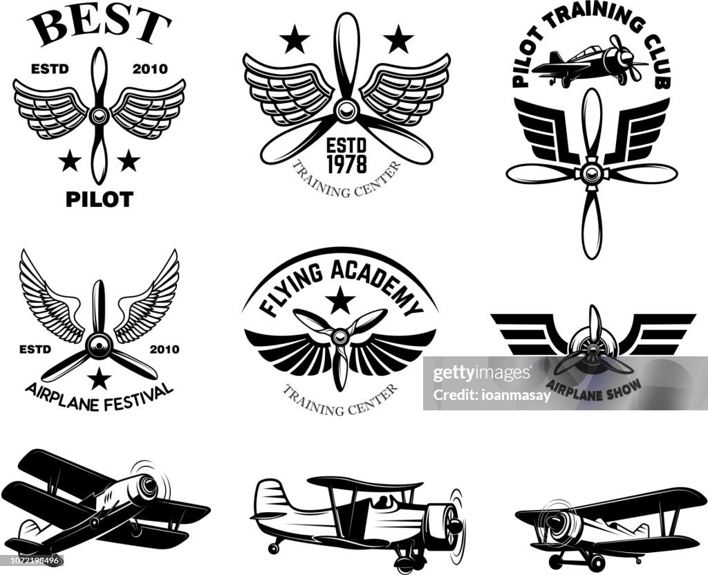 Airplane Label Set Of Vintage Airplane Show Emblems Design Elements For Label Sign ...