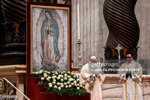 Pope Francis holds a thurible of incense as he celebrates a mass for the Virgin of Guadalupe in St. Peters Basilica on December 12, 2018 at the...