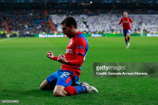 Georgi Schennikov of CSK Moscow celebrates after scoring his team's second goal during the UEFA Champions League Group G match between Real Madrid...