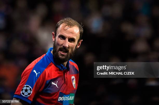 Viktoria Plzen's Czech defender Roman Hubnik reacts after the UEFA Champions League group G football match between FC Victoria Plzen and AS Roma in...