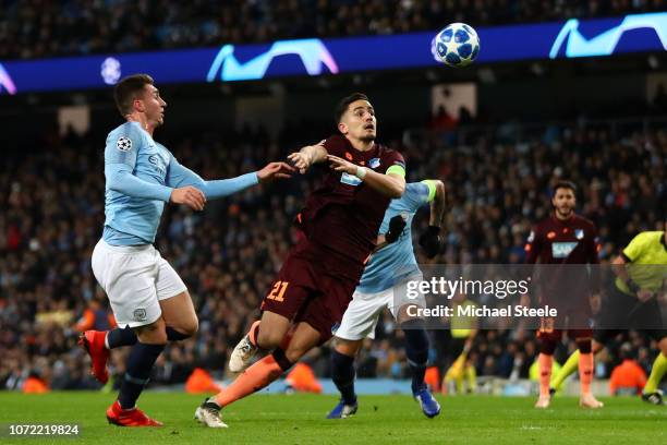 Aymeric Laporte of Manchester City foules Benjamin Huebner of 1899 Hoffenheim leading to the first 1899 Hoffenheim penalty during the UEFA Champions...