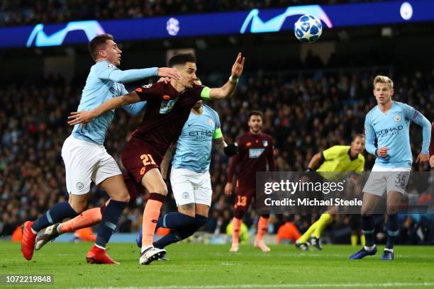Aymeric Laporte of Manchester City foules Benjamin Huebner of 1899 Hoffenheim leading to the first 1899 Hoffenheim penalty during the UEFA Champions...