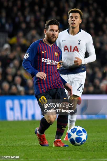 Lionel Messi of FC Barcelona controls the ball during the UEFA Champions League Group B match between FC Barcelona and Tottenham Hotspur at Camp Nou...
