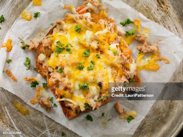 tuna melt on toast - cheese on toast stock pictures, royalty-free photos & images