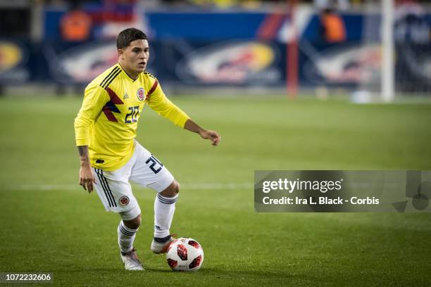 Juan Quintero of Colombia keeps the ball during the International Friendly match between Columbia and Costa Rica at Red Bull Arena on October 16,...
