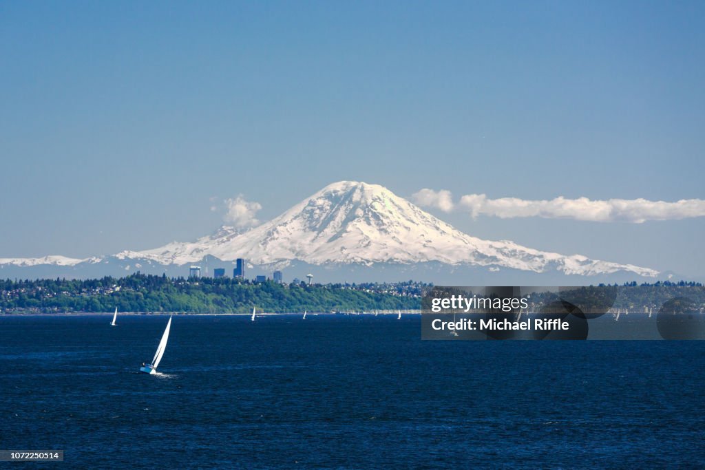 Mount Rainier Towering over Seattle, Puget Sound, and Sailboats on a Sunny Day, Washington State