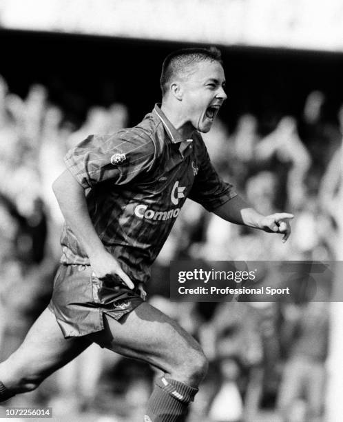 Dennis Wise of Chelsea celebrates after scoring, circa 1990.