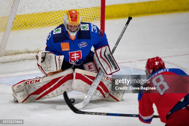 Ivan Didkovski of the U17 Russian Nationals scores a five hole goal on imon Latkóczy of the U17 Slovakia Nationals during day-2 of game one of the...