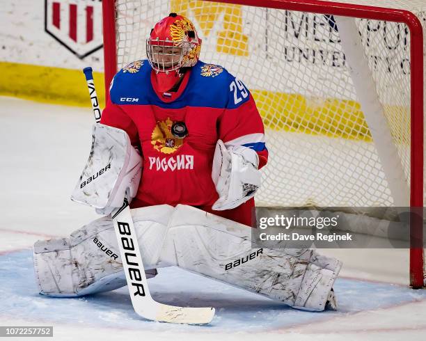 Semyon Sharabarin of the U17 Russian Nationals makes a chest save on a shot from the Slovakia Nationals during day-2 of game one of the 2018 Under-17...