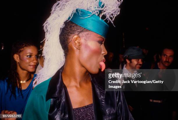 Jamaican-American music, model, and actress Grace Jones poses for fans at the Electric Circus mightclub, New York, New York, April 25, 1979.