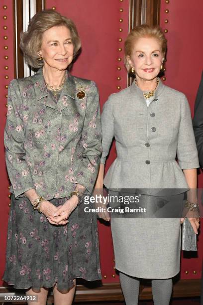 Her Majesty Queen Sofía of Spain and fashion designer Carolina Herrera attend the Sophia Awards for Excellence Luncheon by The Queen Sofia Spanish...