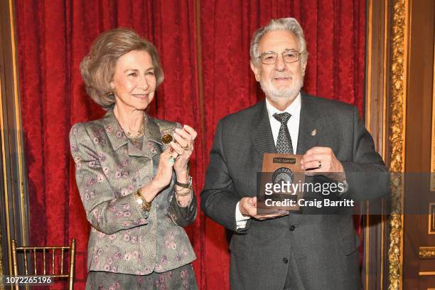 Her Majesty Queen Sofía of Spain and honoree Plácido Domingo attend the Sophia Awards for Excellence Luncheon by The Queen Sofia Spanish Institute at...